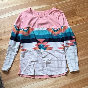 Striped Aztec Print Long-Sleeve Top - Pink